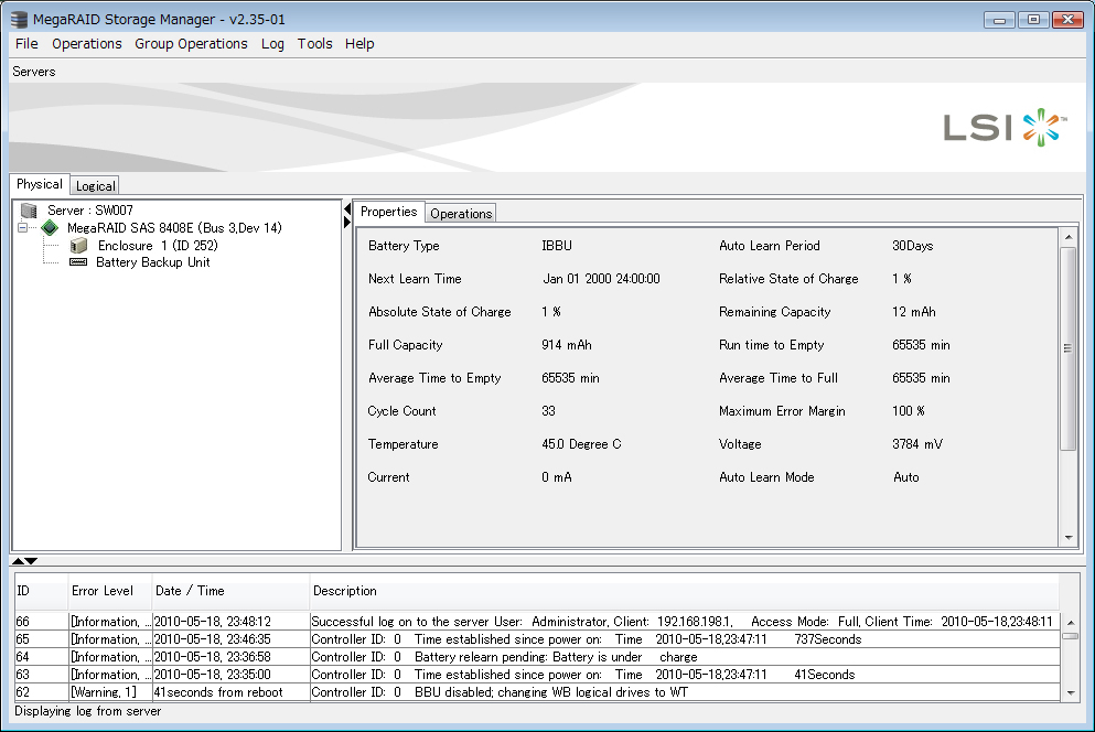 ついでに、MegaRAID Storage Managerも入れて状態確認。 Firmwareも7.0.1-0066_SASになっているので問題なさそう。